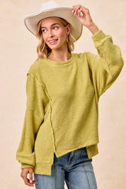 BIBI Boucle Rib Knit Uneven Hem Sweater With Open Seam on Simply Obsessed