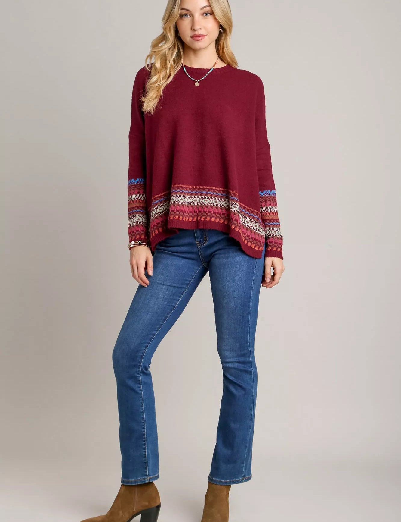 UMGEE Long Sleeve Round Neck Knit Top with Side Slits and Stitch Detail on Simply Obsessed
