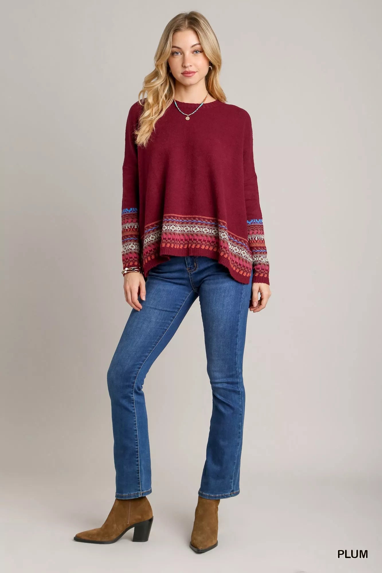 UMGEE Long Sleeve Round Neck Knit Top with Side Slits and Stitch Detail on Simply Obsessed