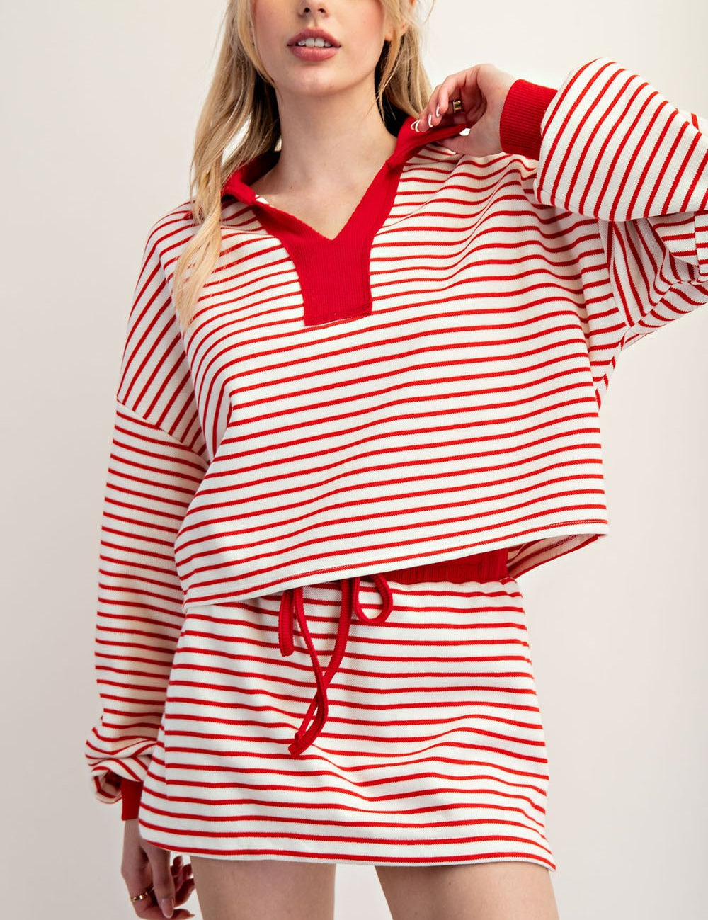 EESOME Striped Long Sleeve Cropped Pullover - CHERRY RED on Simply Obsessed