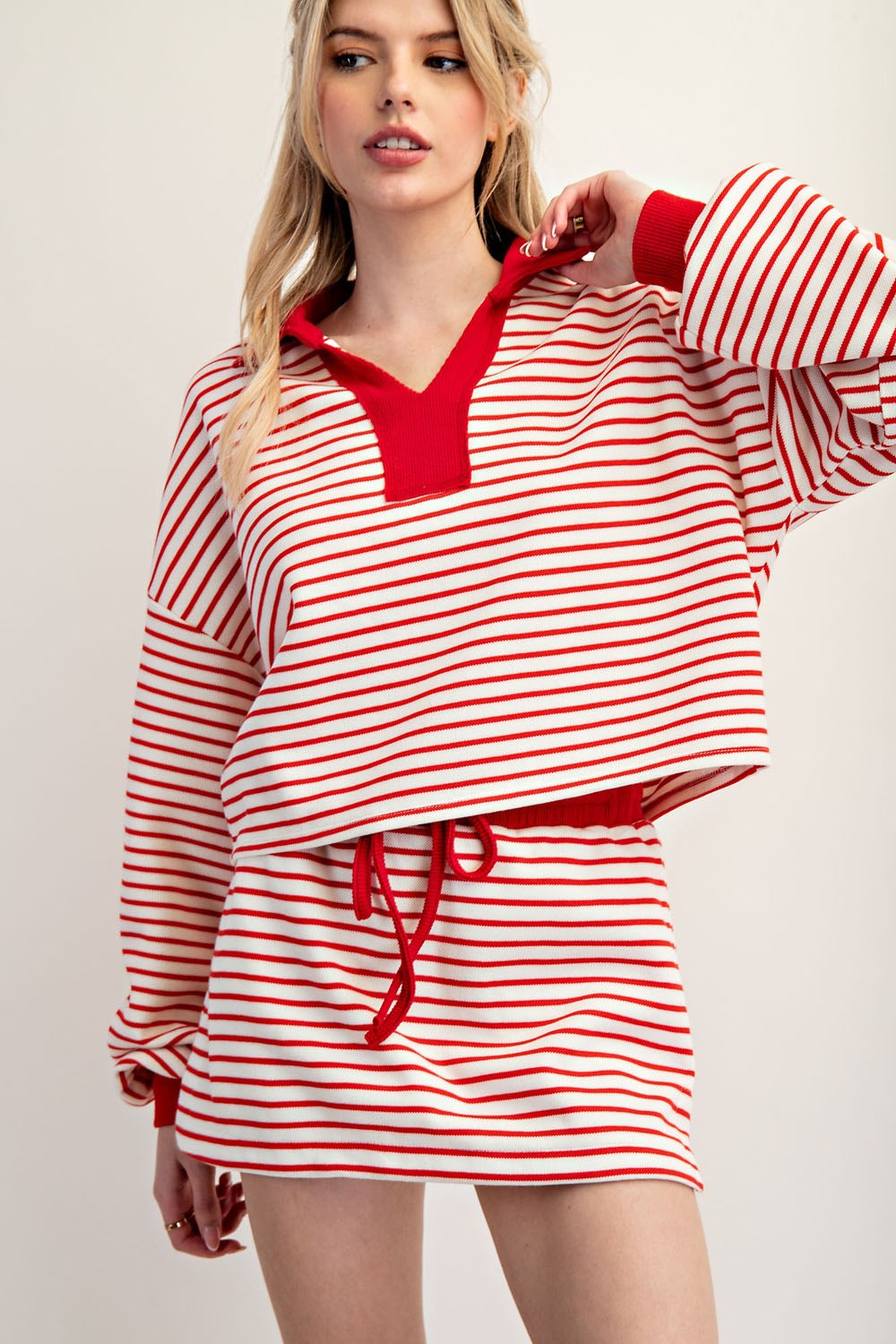 EESOME Striped Long Sleeve Cropped Pullover - CHERRY RED on Simply Obsessed