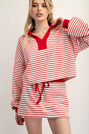 EESOME Striped Long Sleeve Cropped Pullover - CHERRY RED on Simply Obsessed
