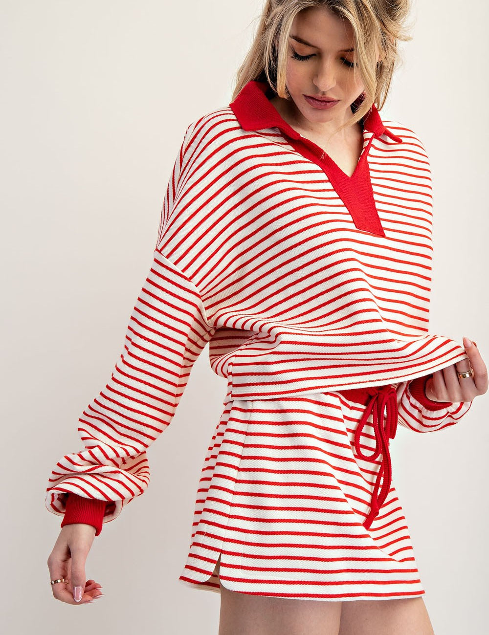 EESOME Striped Long Sleeve Cropped Pullover - CHERRY RED on Simply Obsessed
