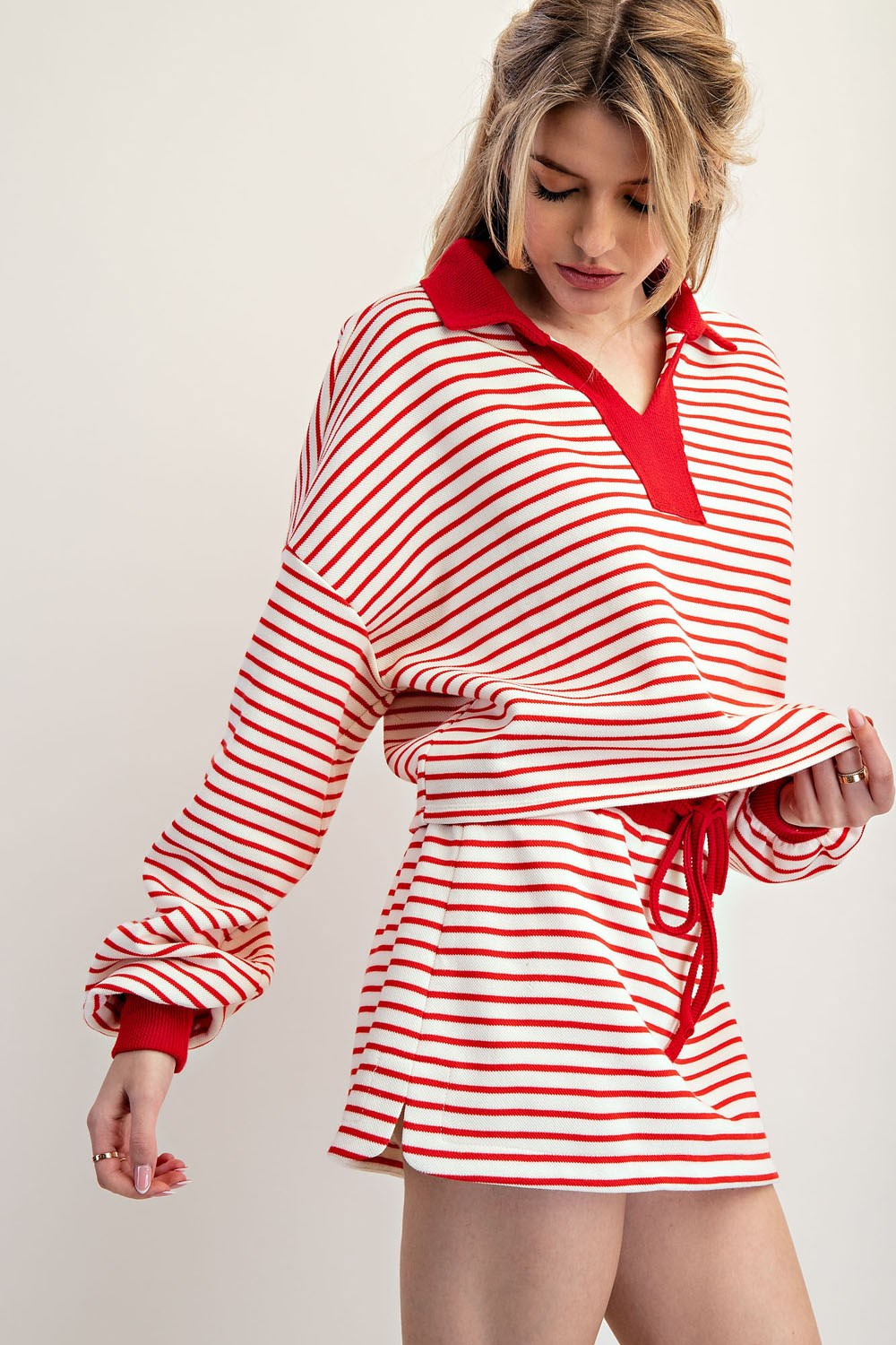 EESOME Striped Long Sleeve Cropped Pullover - CHERRY RED on Simply Obsessed