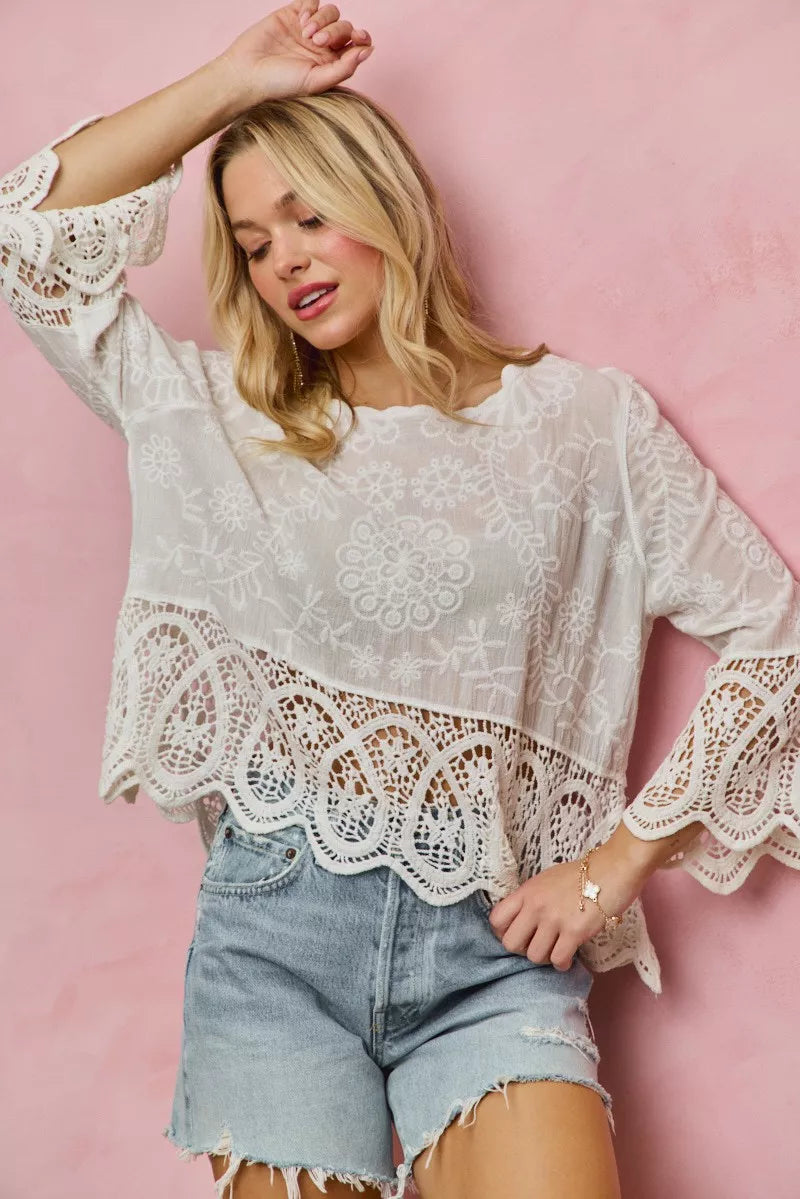 SO ME Floral Embroidered Crochet Lace Trimmed Top **DOORBUSTER** on Simply Obsessed