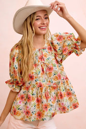 BIBI Flower Printed Shirring Detail Blouse Top on Simply Obsessed
