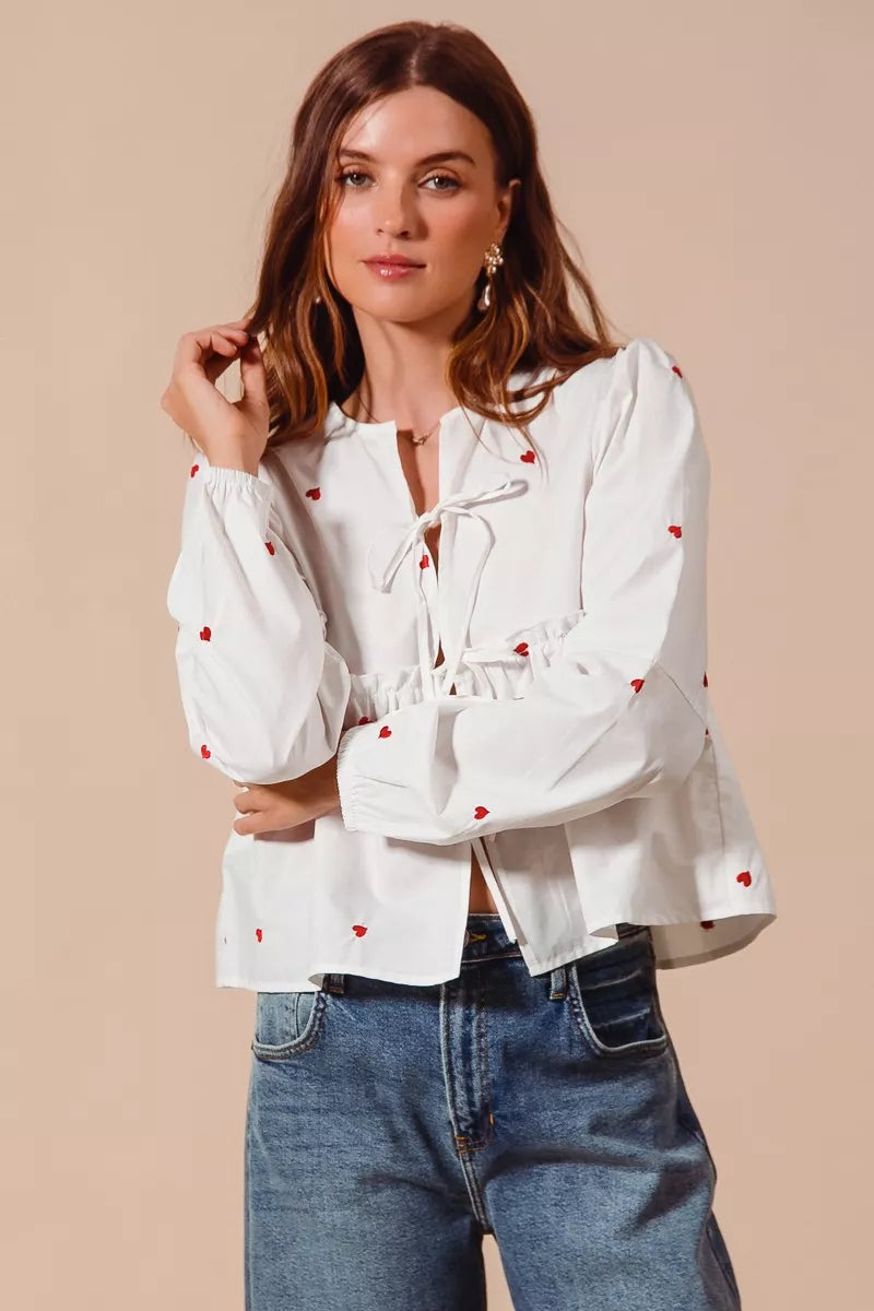 SO ME Front Tie Heart Embroidered Blouse With Puff Sleeve on Simply Obsessed