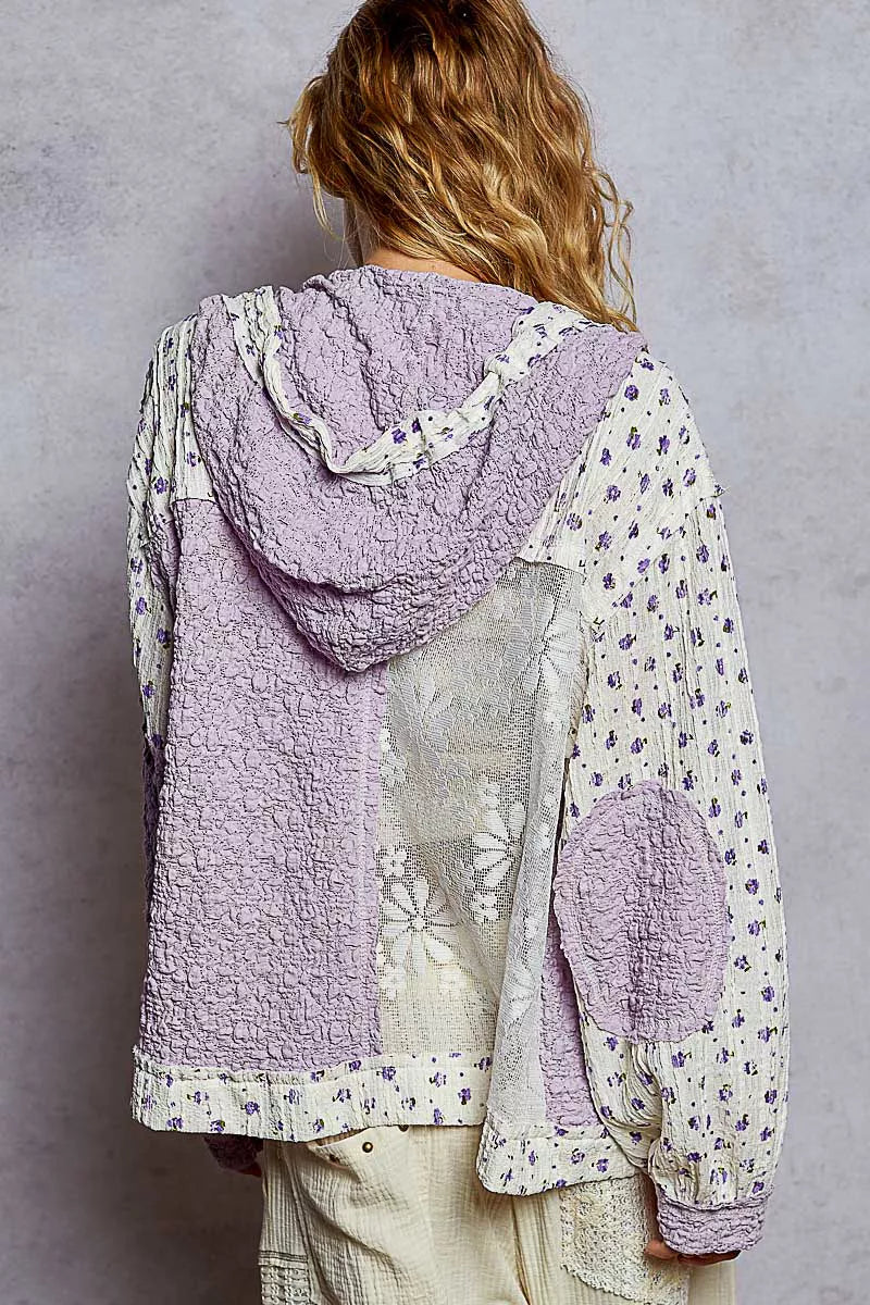 POL Floral Balloon Sleeve Hooded Lace Jacket with Stitch Detail on Simply Obsessed