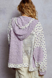 POL Floral Balloon Sleeve Hooded Lace Jacket with Stitch Detail on Simply Obsessed