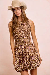BIBI Leopard Bow Tie Attachable Puff Sleeves Dress on Simply Obsessed