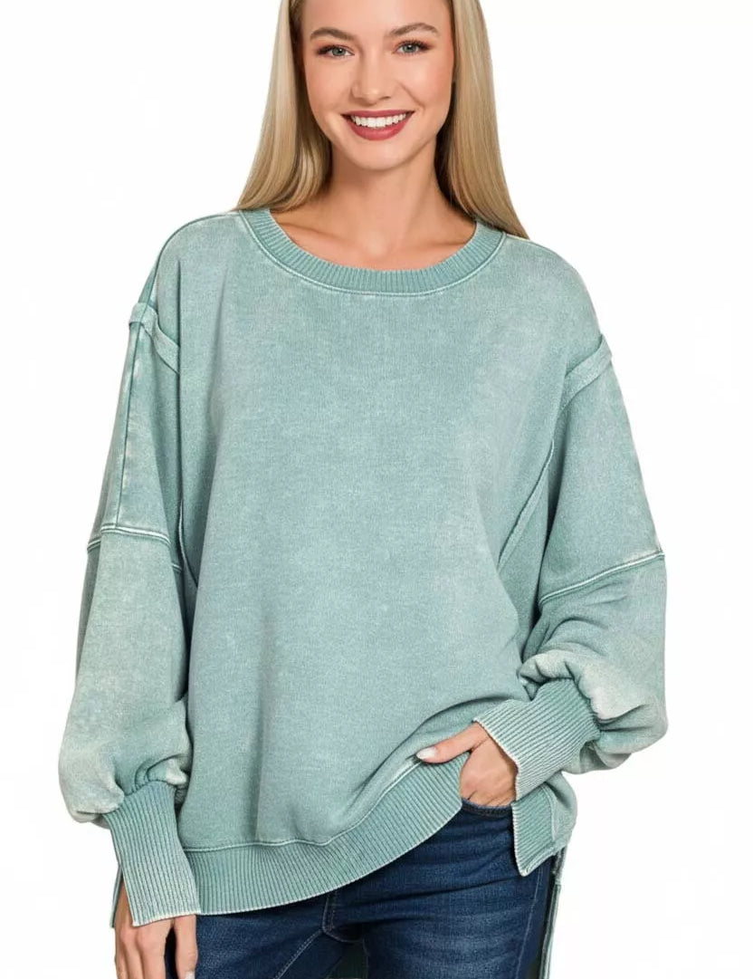 ZENANA Acid Washed Batwing Sleeve Fleece Sweatshirt on Simply Obsessed