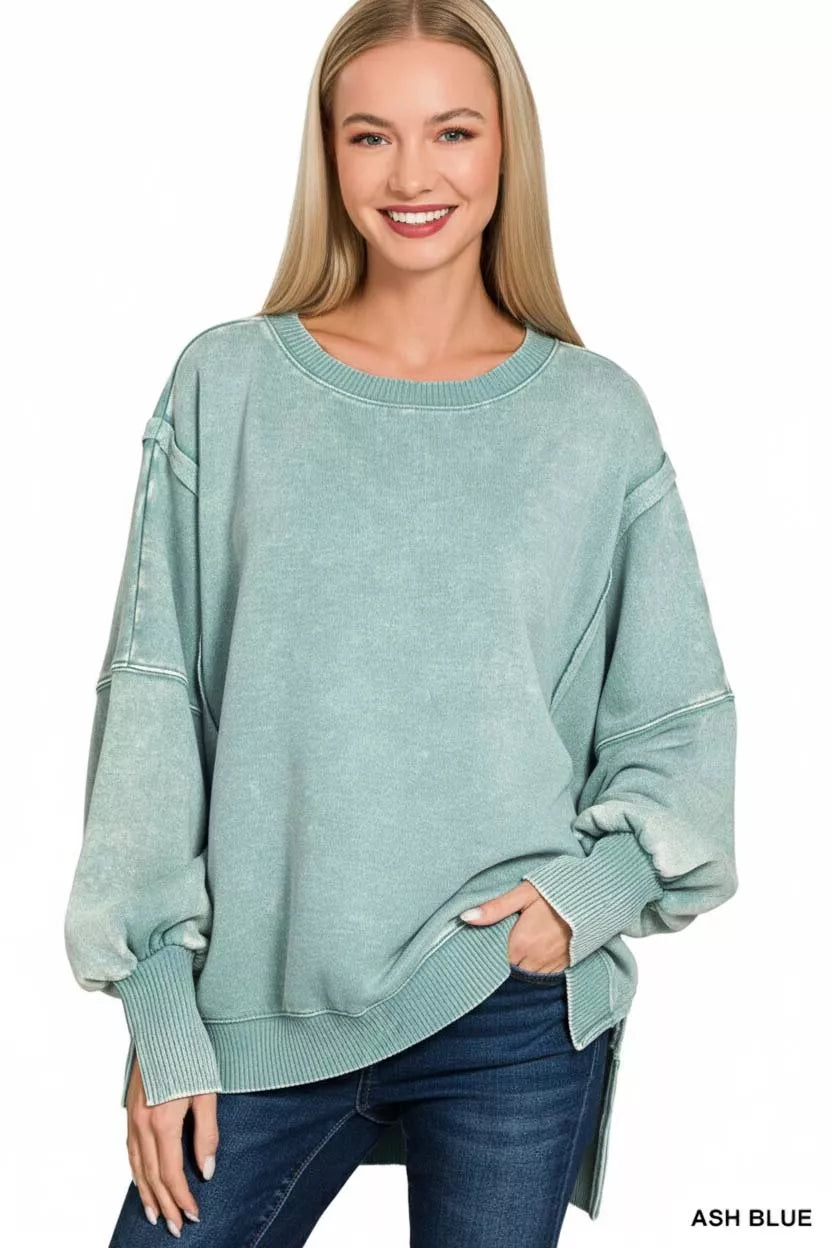 ZENANA Acid Washed Batwing Sleeve Fleece Sweatshirt on Simply Obsessed