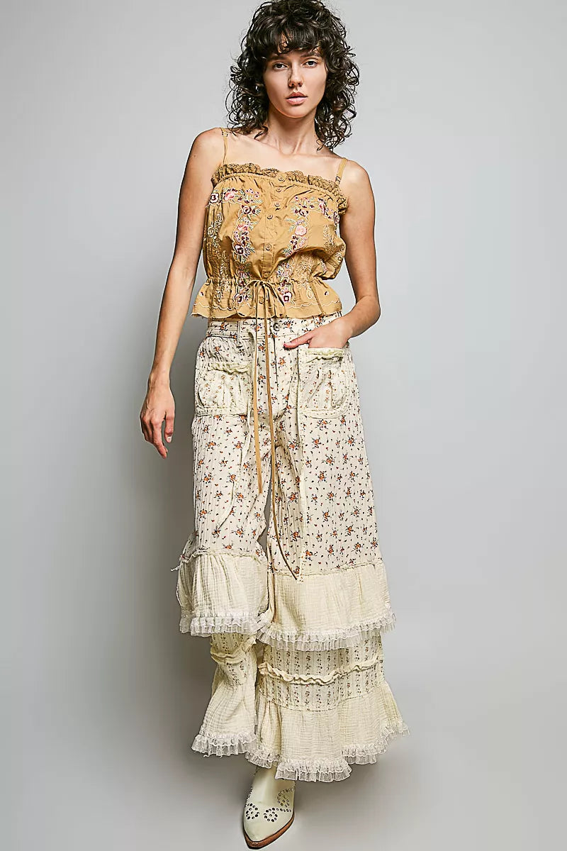 POL Button Down Floral Embroidered Cropped Cami with Lace Detail on Simply Obsessed