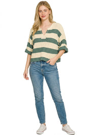ZENANA Split Neck Stripe Sweater on Simply Obsessed