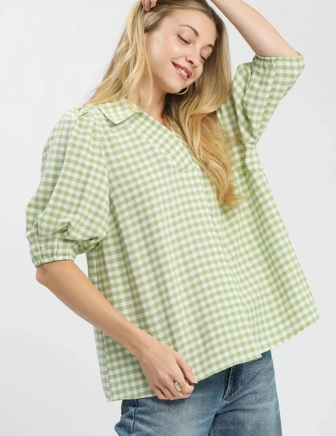 UMGEE Gingham Puff Sleeve Collared Blouse on Simply Obsessed