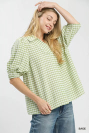 UMGEE Gingham Puff Sleeve Collared Blouse on Simply Obsessed