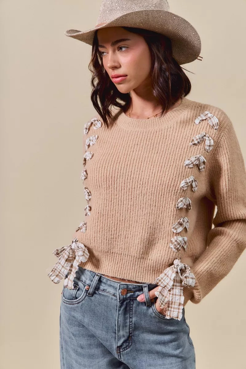 SO ME Checkered Plaid Tape Lace Up Ribbed Sweater on Simply Obsessed
