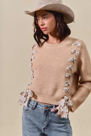 SO ME Checkered Plaid Tape Lace Up Ribbed Sweater on Simply Obsessed