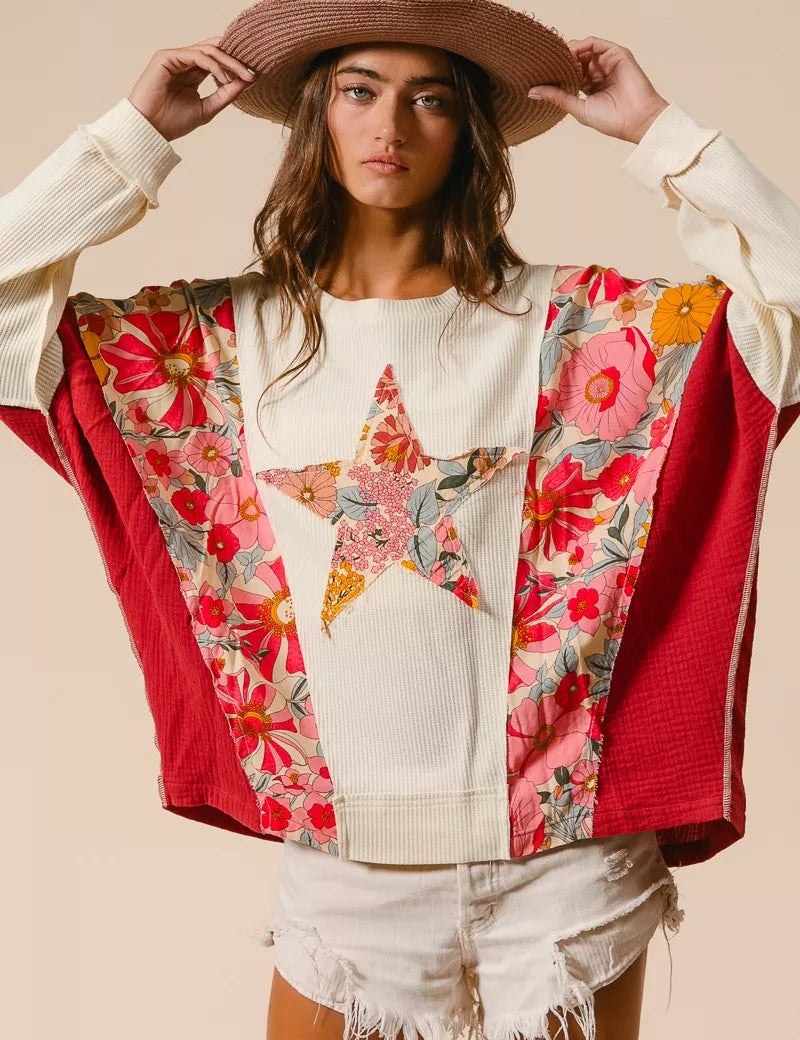 BIBI Floral Print Mixed Star Patch Round Neck Sweatshirt on Simply Obsessed