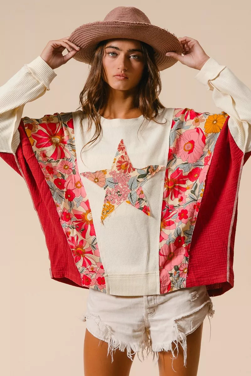 BIBI Floral Print Mixed Star Patch Round Neck Sweatshirt on Simply Obsessed
