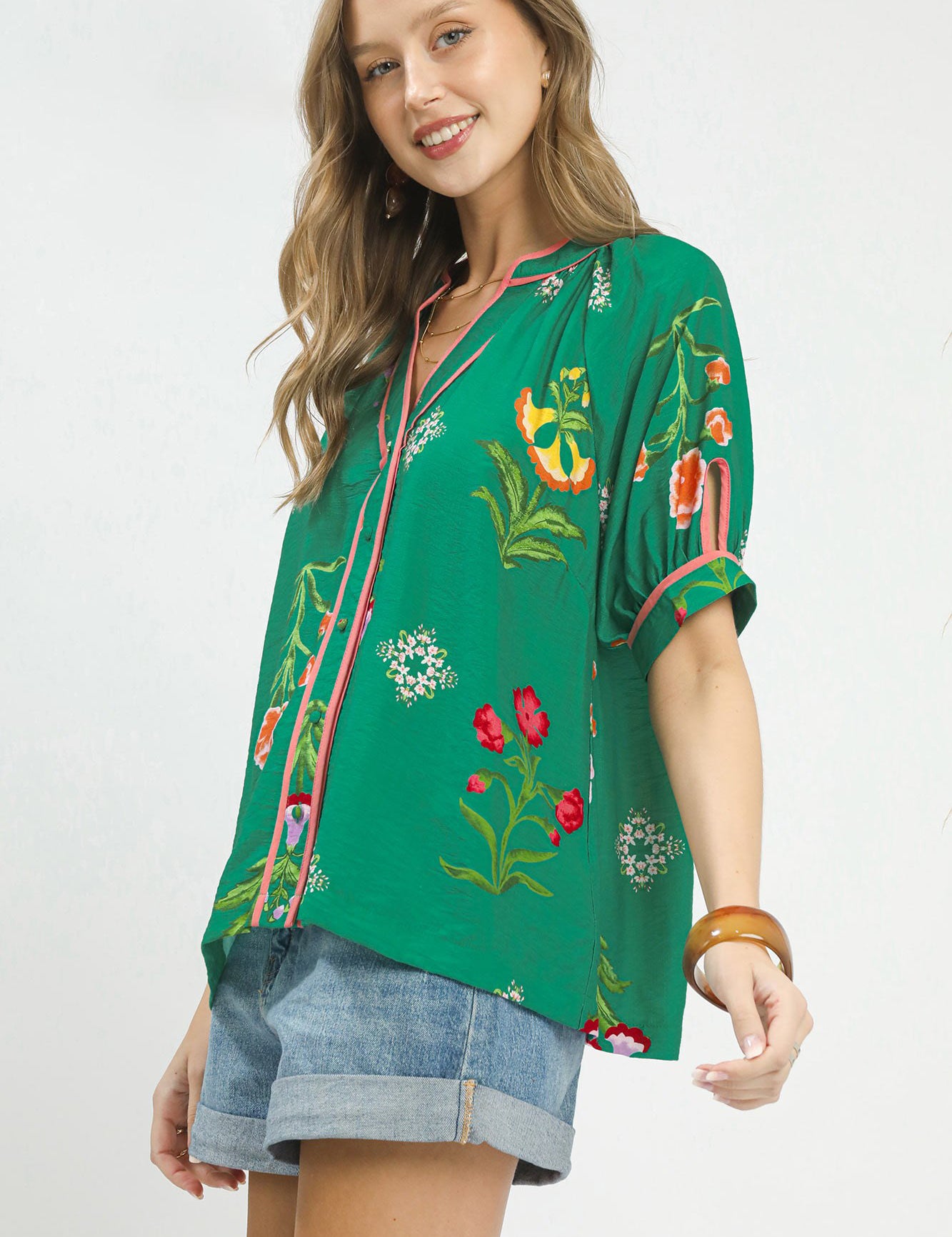 UMGEE Botanical Print Contrast Trim Button Blouse **DEBUT SALE** on Simply Obsessed