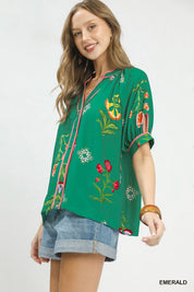 UMGEE Botanical Print Contrast Trim Button Blouse **DEBUT SALE** on Simply Obsessed
