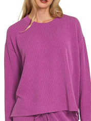 ZENANA Corded Rib Long Sleeve Tee and Shorts Set on Simply Obsessed