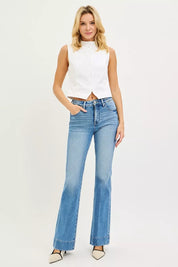 RISEN Tummy Control 4 Way Stretch Mid Rise Flare Jeans on Simply Obsessed