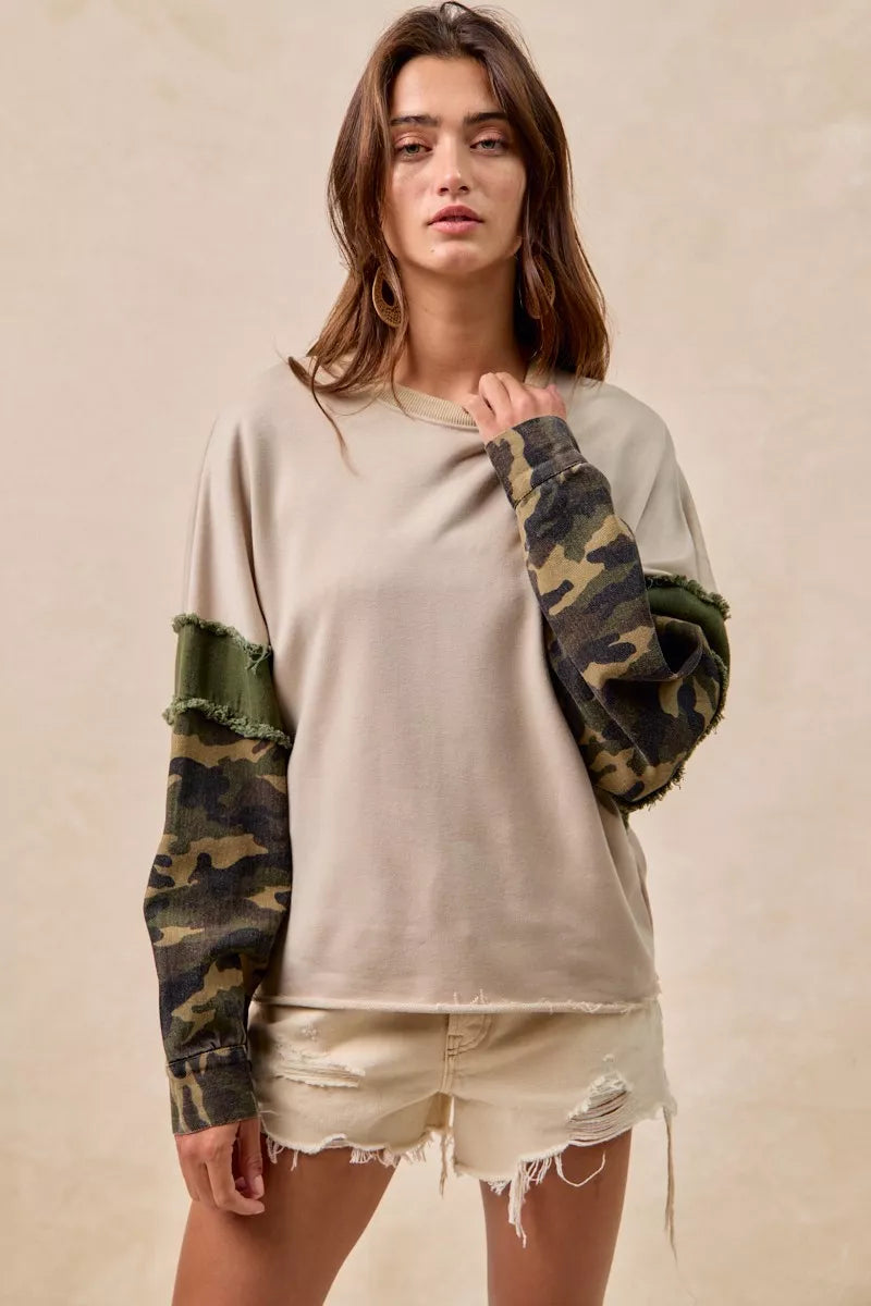 BiBi Camo Sleeve French Terry Top with Frayed Edge on Simply Obsessed