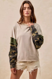 BiBi Camo Sleeve French Terry Top with Frayed Edge on Simply Obsessed