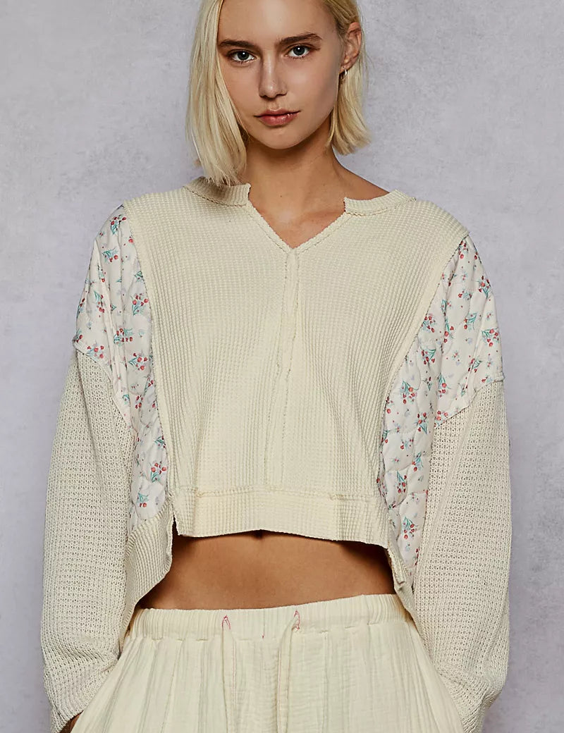 POL Mix Thermal Floral Pattern Quilted Knit Cropped Top with Raw Edge Detail on Simply Obsessed