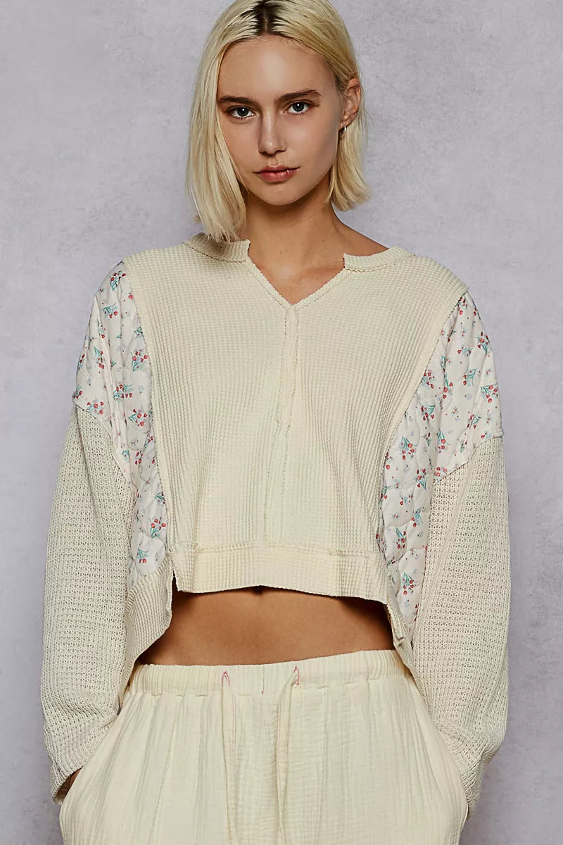 POL Mix Thermal Floral Pattern Quilted Knit Cropped Top with Raw Edge Detail on Simply Obsessed