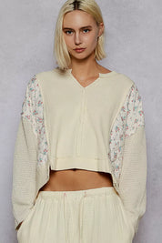 POL Mix Thermal Floral Pattern Quilted Knit Cropped Top with Raw Edge Detail on Simply Obsessed