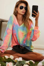 BiBi Tie Dye French Terry V Neck Top on Simply Obsessed