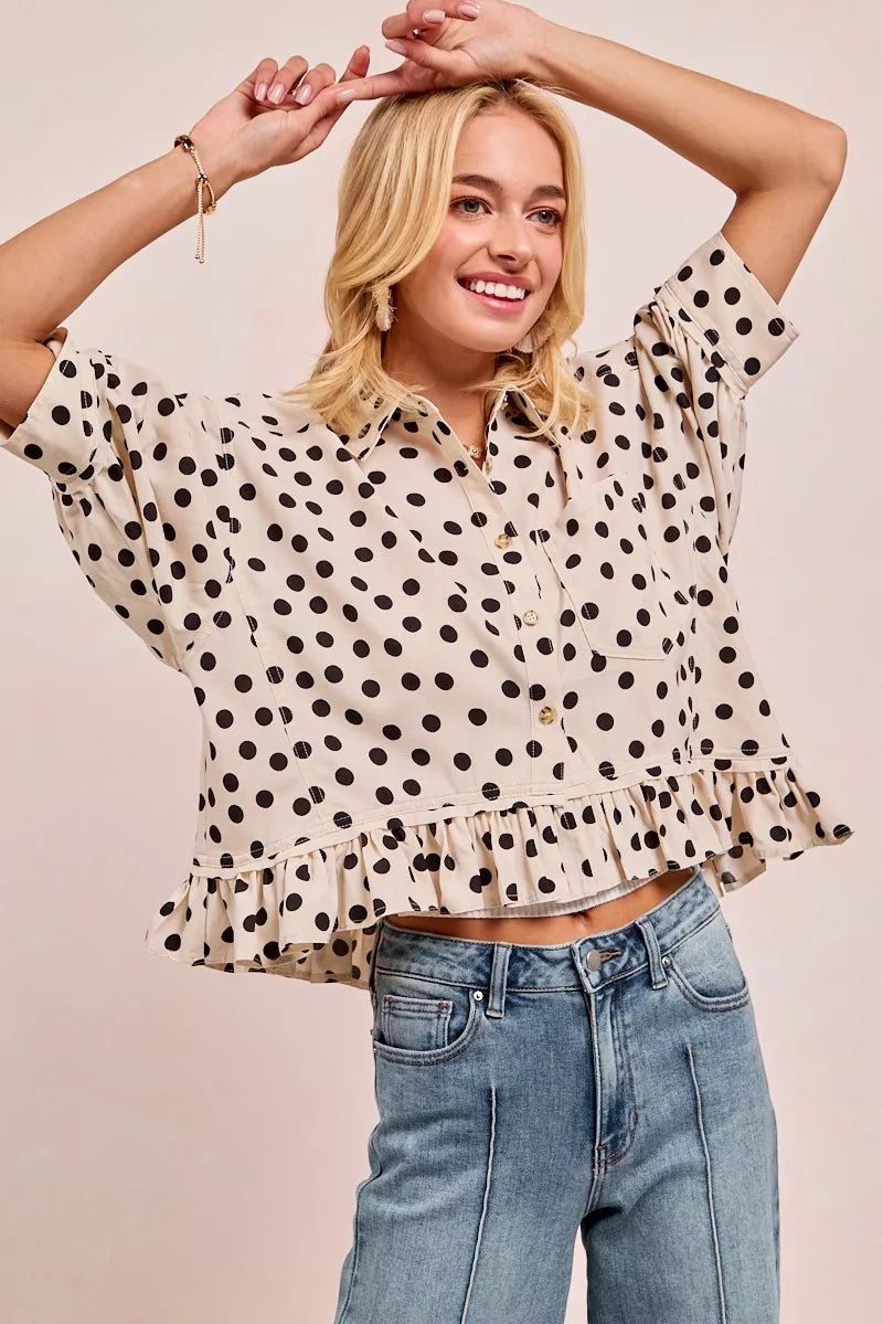 BIBI Polka Dot Printed Peplum Top with Front Button on Simply Obsessed
