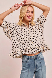 BIBI Polka Dot Printed Peplum Top with Front Button on Simply Obsessed