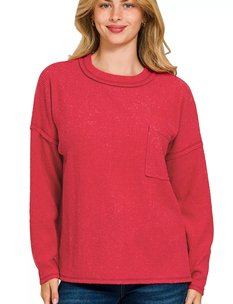 Zenana Ribbed Brushed Melange Hacci Sweater with Chest Pocket on Simply Obsessed