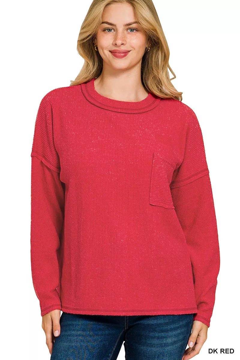 Zenana Ribbed Brushed Melange Hacci Sweater with Chest Pocket on Simply Obsessed