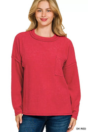 Zenana Ribbed Brushed Melange Hacci Sweater with Chest Pocket on Simply Obsessed