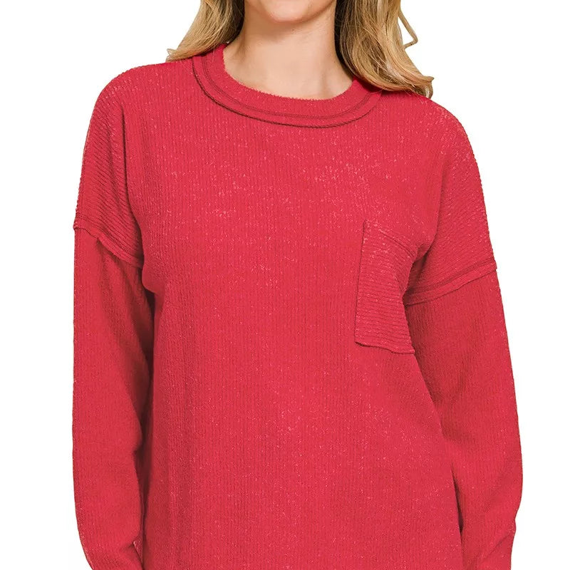 Zenana Ribbed Brushed Melange Hacci Sweater with Chest Pocket on Simply Obsessed