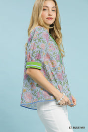 UMGEE Mix Floral Puff Sleeve Blouse with Contrast Trim on Simply Obsessed