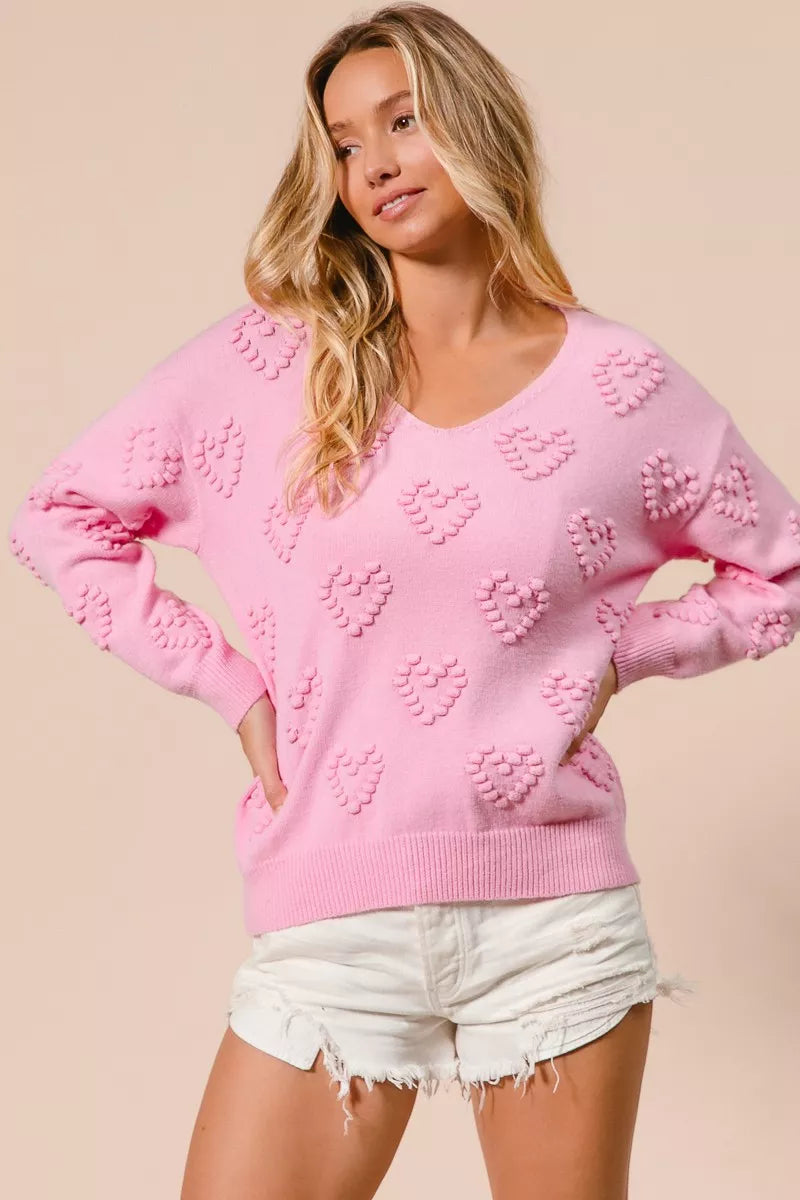 BiBi Valentines Heart Pompom V Neck Knit Top on Simply Obsessed