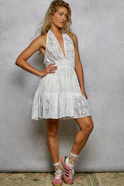 POL Halter Lace Patch Ruffle Mini Dress with Adjustable Tie on Back **SALE** on Simply Obsessed