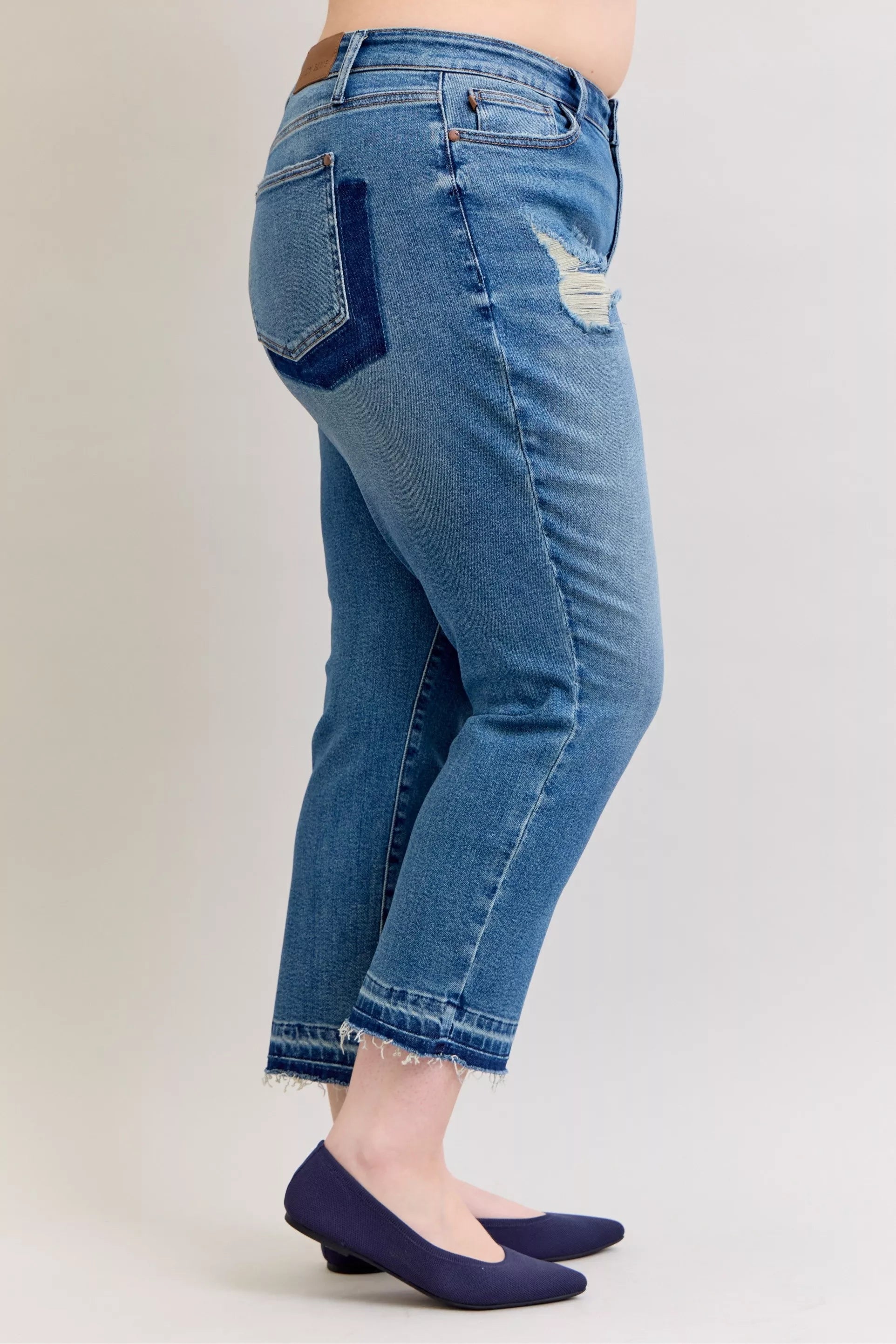 JUDY BLUE Full Size Mid Rise Bf Patch & Repair Destroy Release Hem Jeans Plus Size on Simply Obsessed