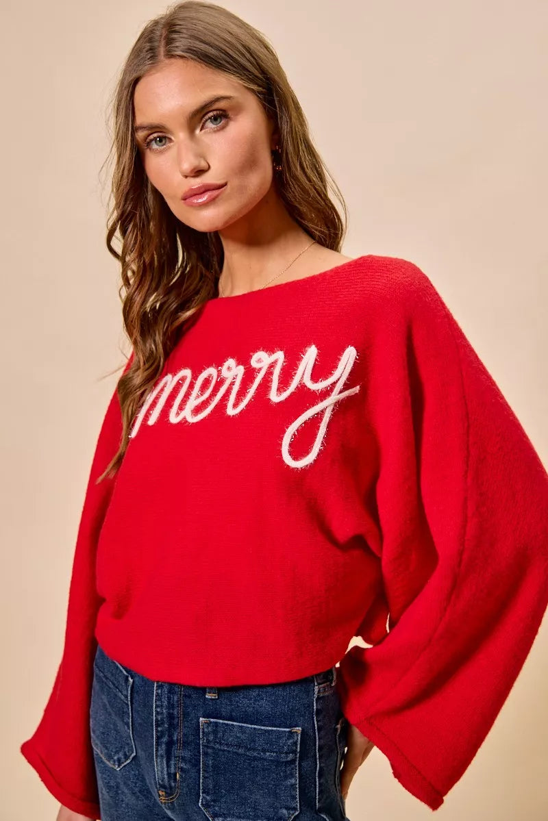 SO ME Merry Tinsel Lettering Christmas Sweater Top on Simply Obsessed