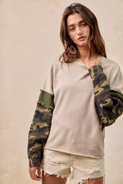 BiBi Camo Sleeve French Terry Top with Frayed Edge on Simply Obsessed
