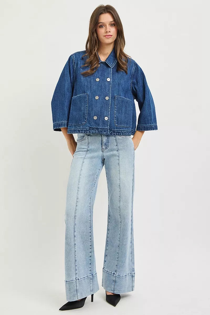 RISEN Double-Breasted Flowy Cropped Denim Jacket on Simply Obsessed