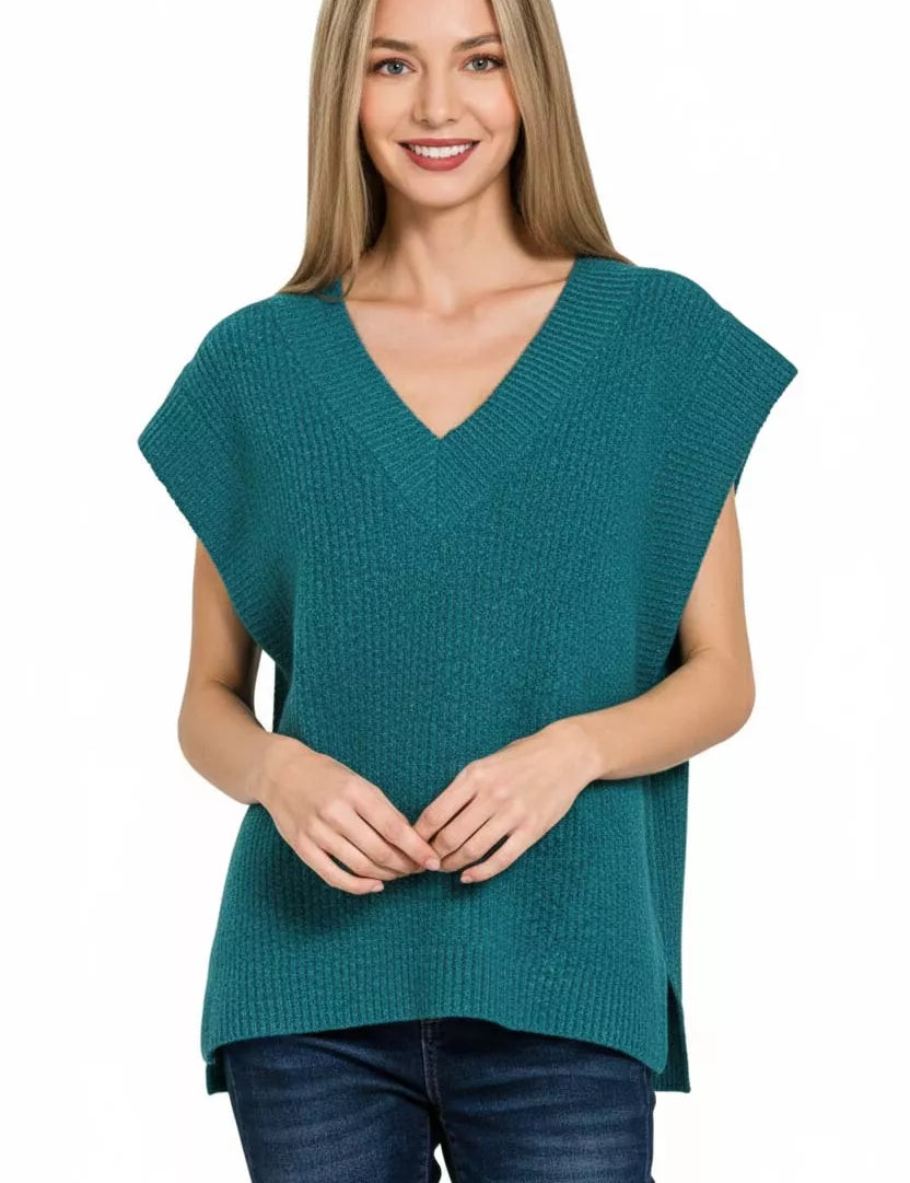 Zenana Ribbed Slit V-Neck Sweater Vest on Simply Obsessed