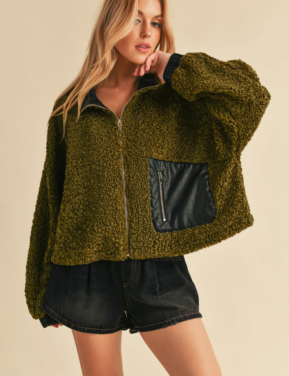 Aemi + Co Collared Neck Zip Up Sherpa Jacket on Simply Obsessed