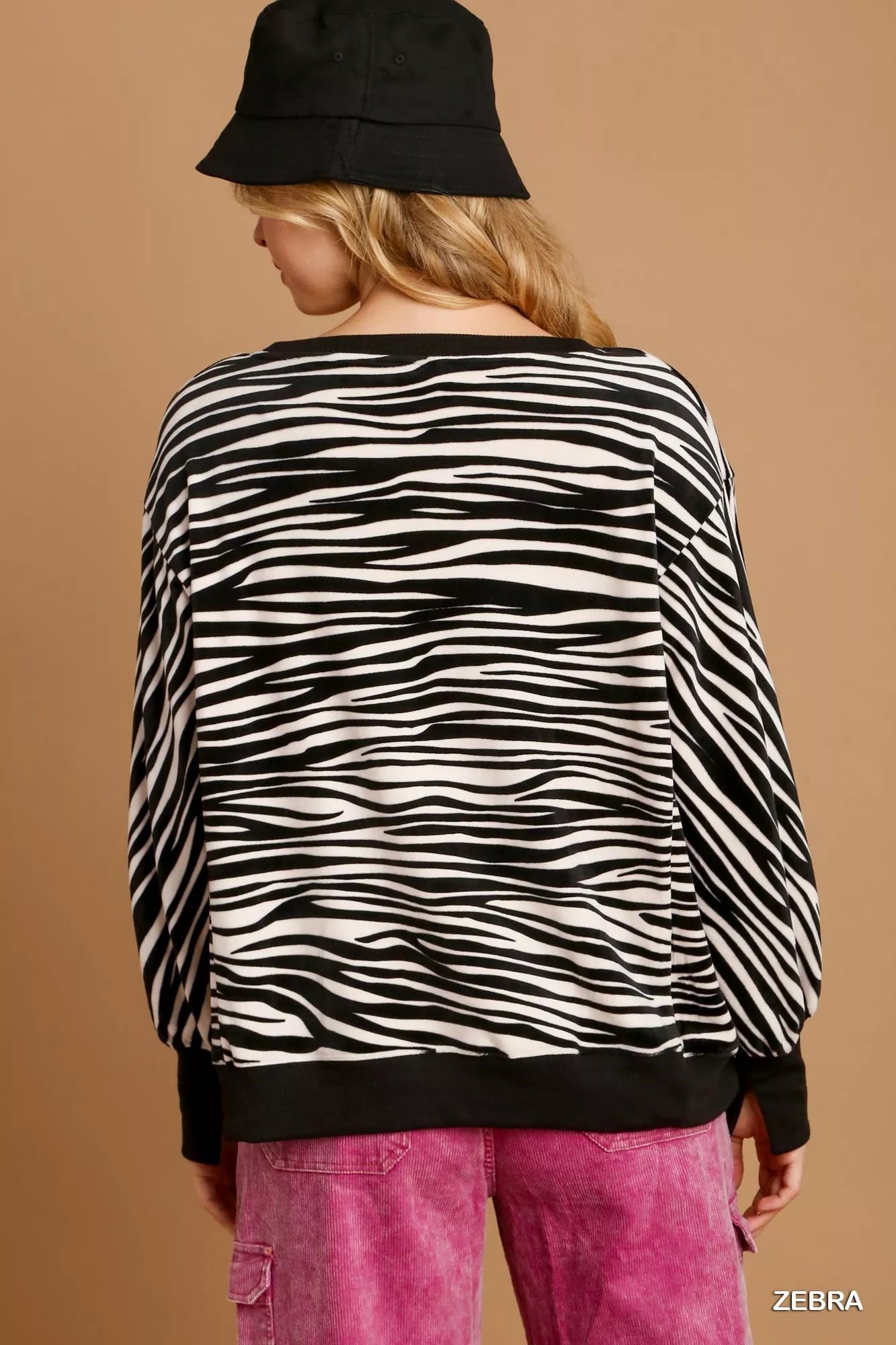 Umgee Zebra Striped Fleece Pullover Sweater Shirt on Simply Obsessed